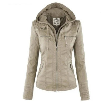 A fashionable hooded leather jacket with pockets, available in various colors and sizes for women's casual outerwear.