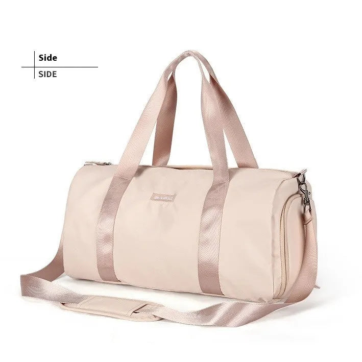 Beige casual sports bag with contrasting letter pattern and under 20L capacity