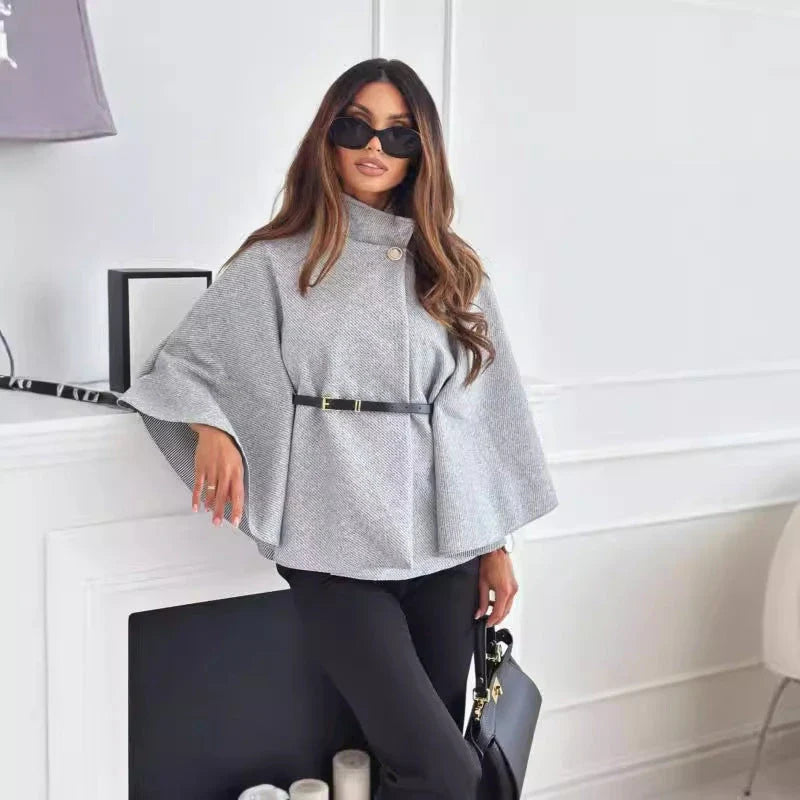 Stylish batwing cloak jacket with belt, available in various colors for women's fashion and outerwear