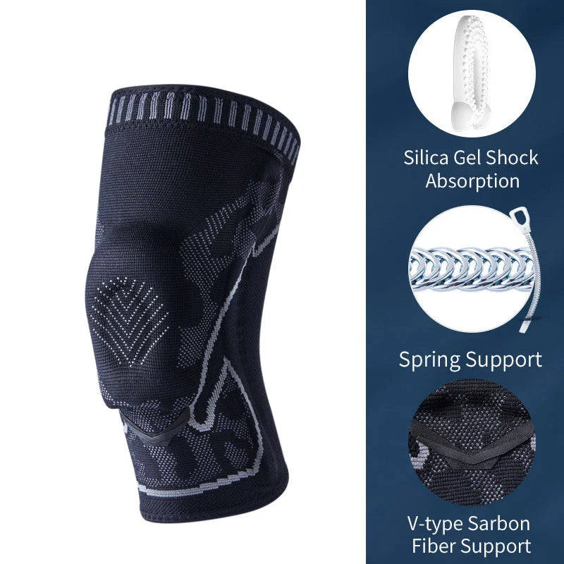 Durable knee pads with knitted silicone construction, V-shaped design, and 360-degree non-slip strips for all-around sports protection