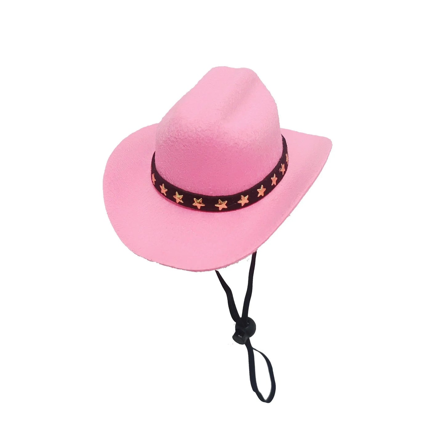 A black pet cowboy hat with a white star on the front, shown with its adjustable elastic strap.