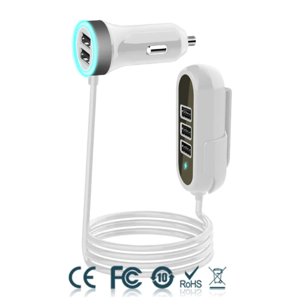 Black and white car rear seat charger with USB output, 12-24V input, and ABS PC body