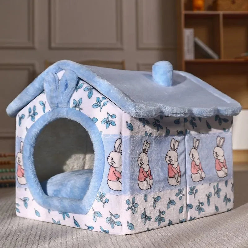 Removable washable plush pet bed house for cats and small dogs, closed yurt shape, available in brown, yellow, grey, blue and pink