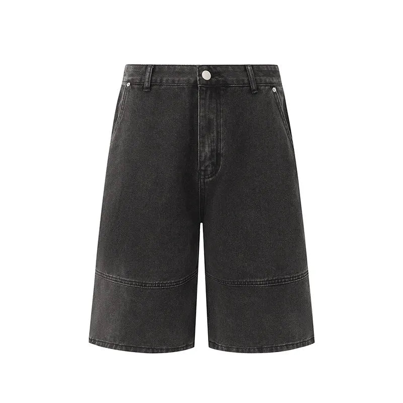 Men's grey loose fit denim shorts with mid waist and zip fly, cropped length, sizes M to 2XL