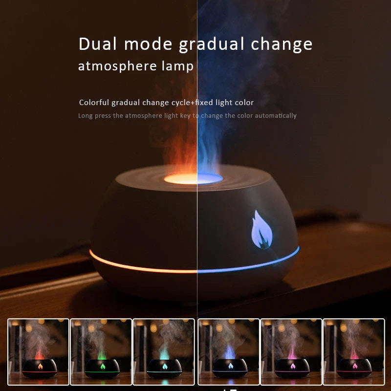 Aromatherapy diffuser with realistic flame-like lighting, color-changing mood lights, and essential oil diffusion capabilities