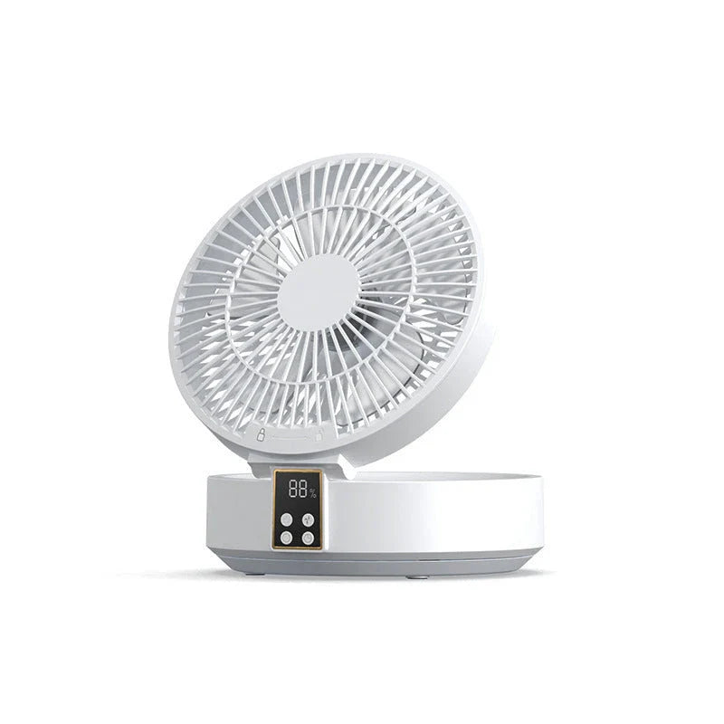 Rechargeable USB desk and wall-mounted fan with folding design, adjustable wind speeds, and warm ambient nightlight