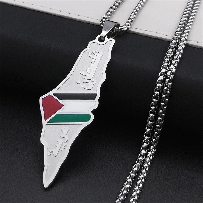 Stainless steel pendant necklaces featuring detailed maps of Israel and Palestine in vibrant colors