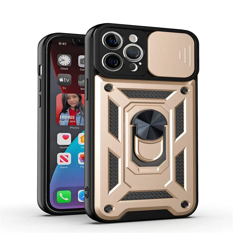 Sergeant sliding window magnetic phone case for iPhone in black, showing the integrated stand extended.