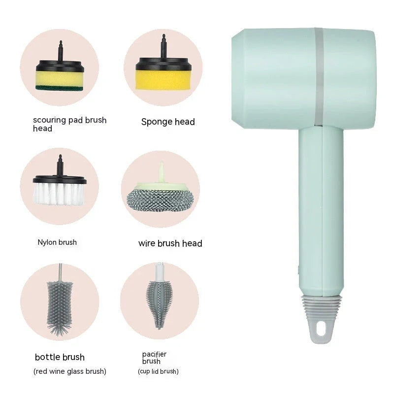 Cordless electric scrub brush with interchangeable brush heads for cleaning kitchens, bathrooms, tiles, and more