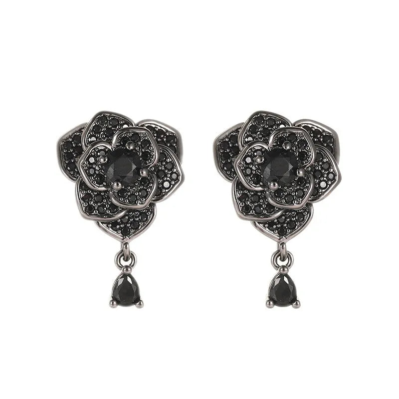 Black rose flower-shaped stud earrings with zircon inlay on gold-plated copper