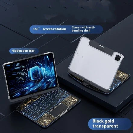 Versatile iPad keyboard cover with 360-degree rotation, silent buttons, and pen slot for enhanced productivity and style