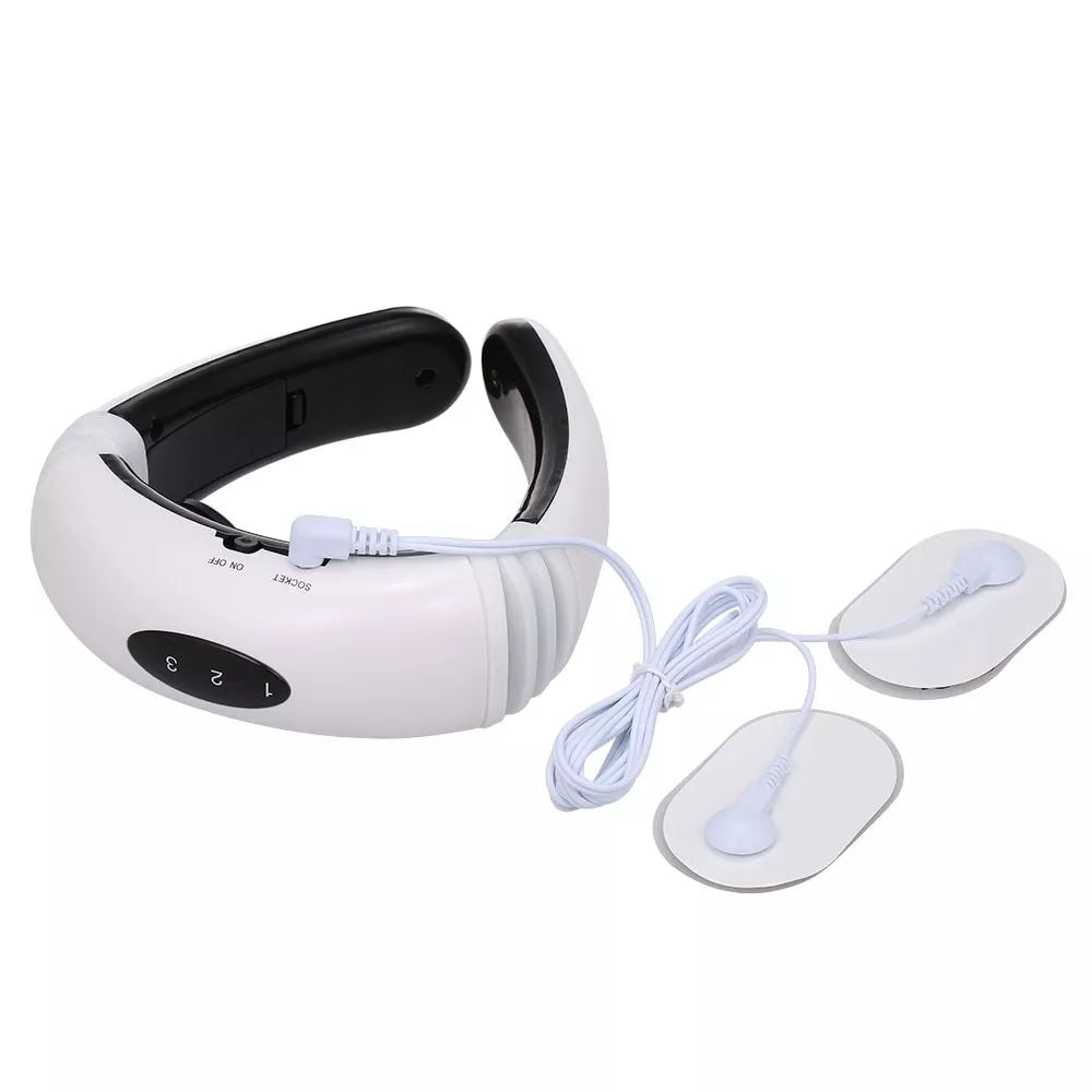 Cervical massager with 6 modes for neck tension relief, white color, includes gel strips
