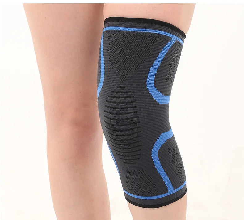 Black non-slip stretch sports knee pad shown on a knee, with size and colour options visible.