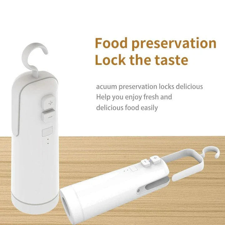 A compact, multi-functional electric vacuum sealer device with various nozzle attachments for sealing, inflating, and organizing kitchen and home storage.