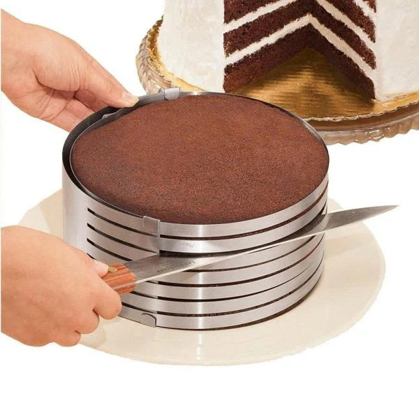 Adjustable stainless steel cake slicer with 7 layers, perfect for cutting round, square, and a variety of desserts