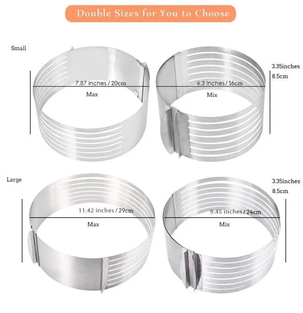Adjustable stainless steel cake slicer with 7 layers, perfect for cutting round, square, and a variety of desserts