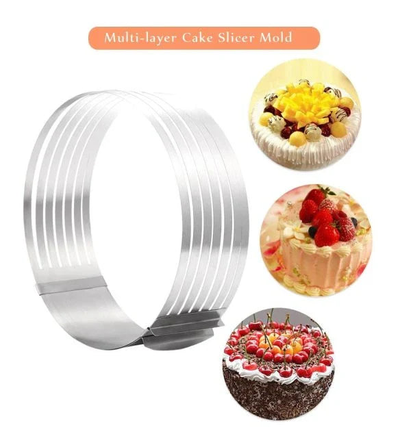Adjustable stainless steel cake slicer with 7 layers, perfect for cutting round, square, and a variety of desserts