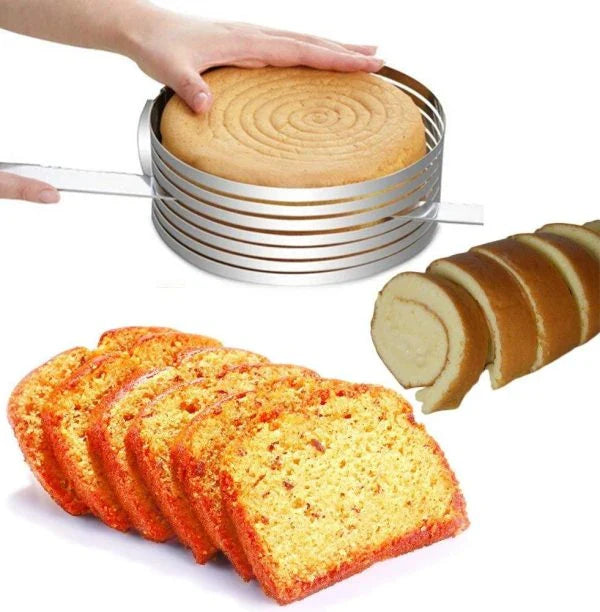 Adjustable stainless steel cake slicer with 7 layers, perfect for cutting round, square, and a variety of desserts