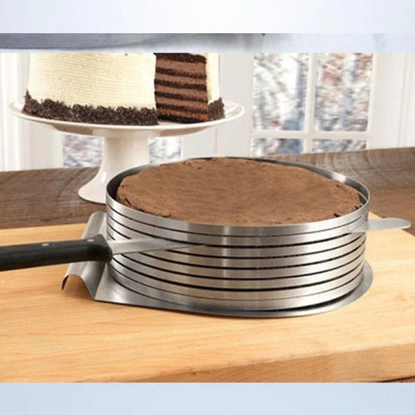 Adjustable stainless steel cake slicer with 7 layers, perfect for cutting round, square, and a variety of desserts