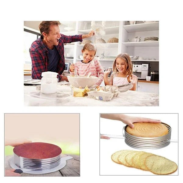 Adjustable stainless steel cake slicer with 7 layers, perfect for cutting round, square, and a variety of desserts