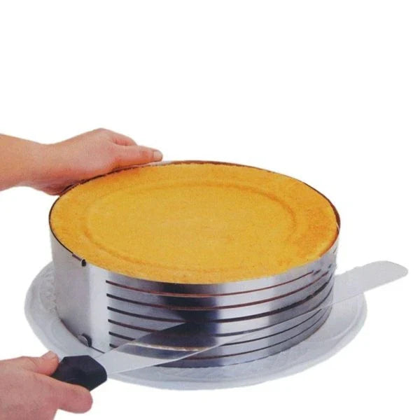 Adjustable stainless steel cake slicer with 7 layers, perfect for cutting round, square, and a variety of desserts