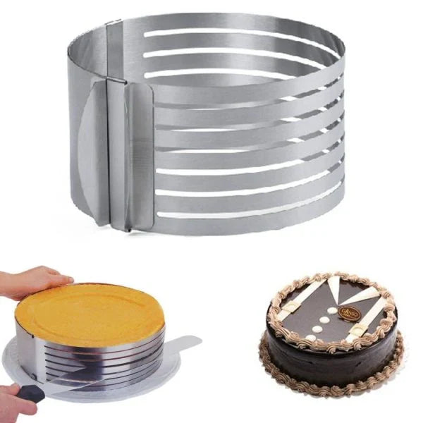 Adjustable stainless steel cake slicer with 7 layers, perfect for cutting round, square, and a variety of desserts