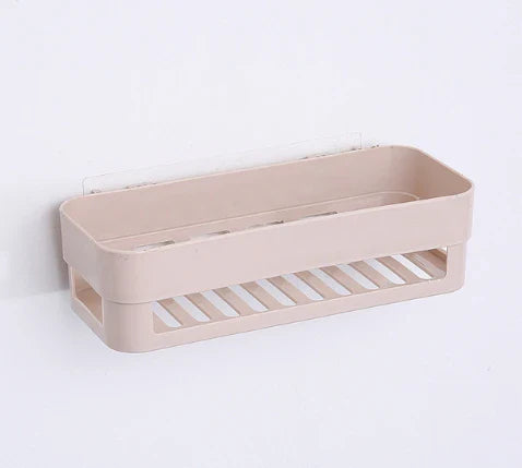 A modern, minimalist bathroom adhesive shelf made of stainless steel and tempered glass, providing storage and style