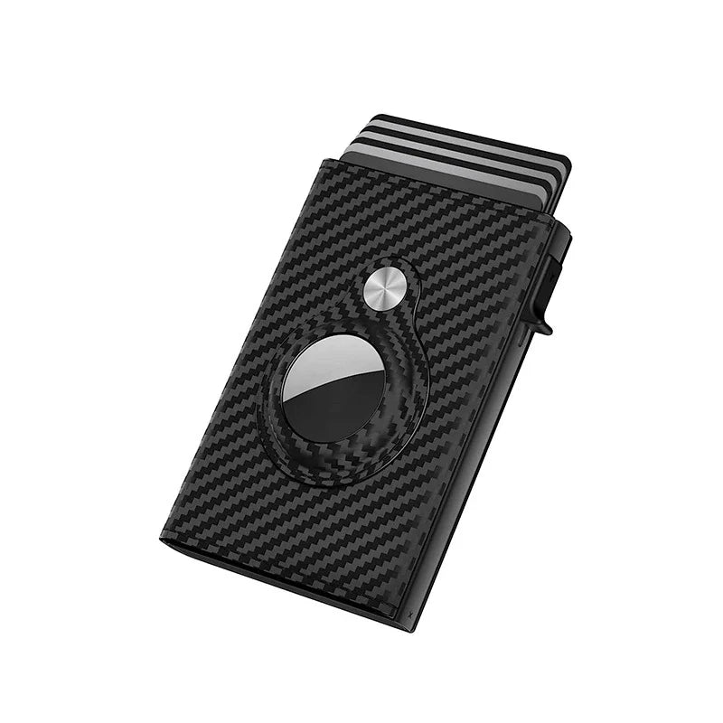 Stylish black and white striped carbon fiber leather card holder with multiple compartments for cards, cash, and ID