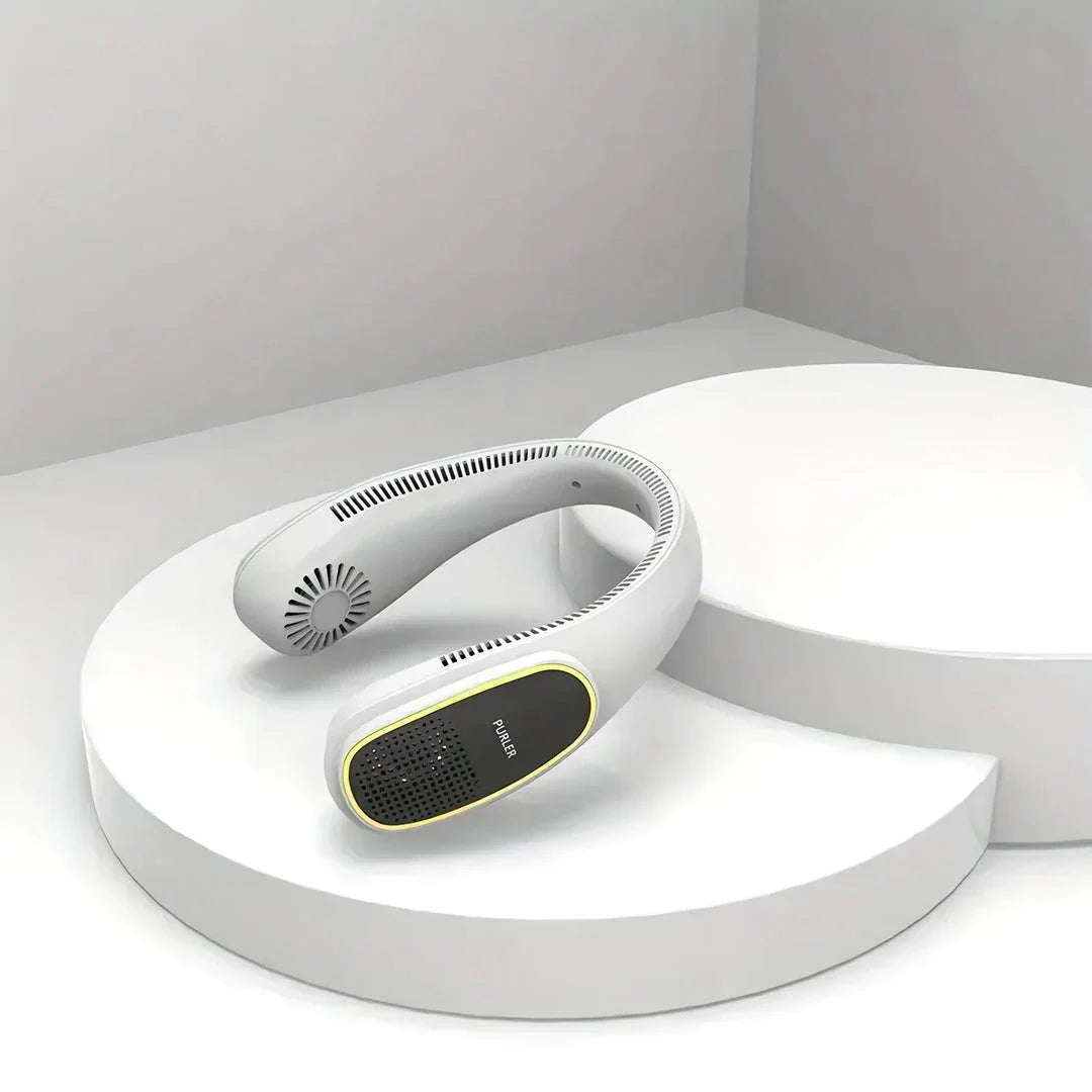 Portable bladeless neck fan with air purifier and LED display for personal cooling and air purification