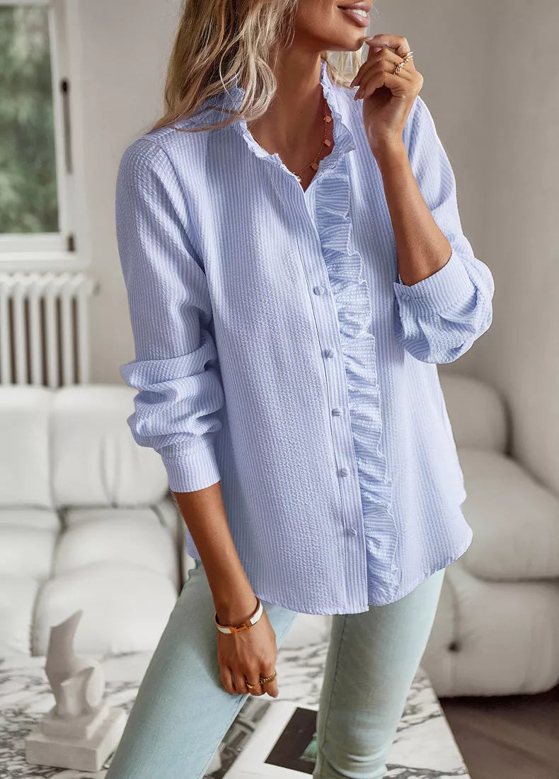Women's striped long sleeve shirt with elegant ruffle design in white, pink, black, and blue