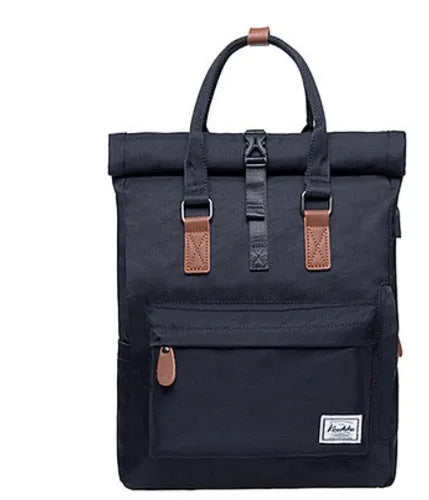 Casual polyester backpack with cover opening showing internal computer pocket and zippered compartment