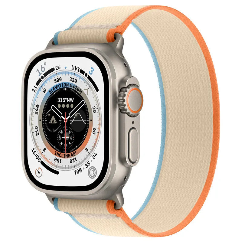 Nylon Apple Watch strap with single-ring closure in black and grey colour combination.