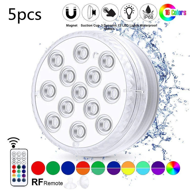 Radiant Underwater LED Lights in various aquatic settings, including pools, fountains, and spas