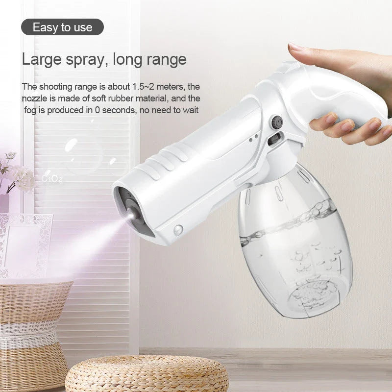 Cordless sanitizing spray gun with nano-atomization, UV disinfection, and long-lasting battery for versatile cleaning and disinfection in home, vehicle, and commercial settings.