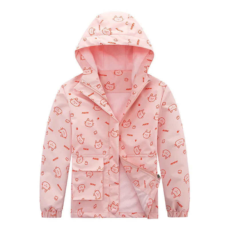 Kids' windproof waterproof fleece-lined hooded jacket in camouflage and plain colours, height 110cm to 160cm