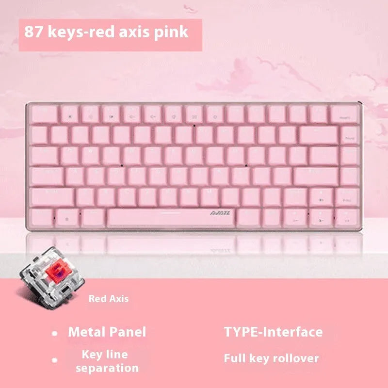 Pink mechanical keyboard with 82 keys and white backlight illumination on a desk.