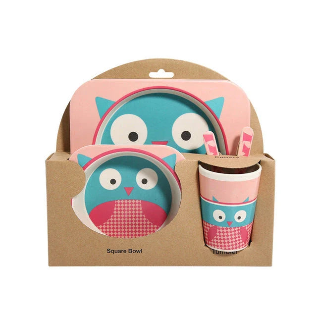 5-piece eco-friendly bamboo fiber children's tableware set with animal designs, including plate, bowl, cup, fork, and spoon