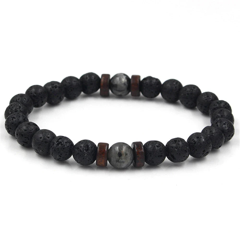 Stylish men's bracelet made with natural volcanic stone, flash stone, and wood chip in a geometric, mosaic-like design