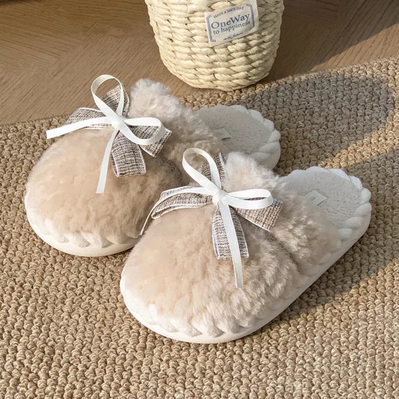 Women's bow tie cotton slippers with plush interior in beige, green, and khaki