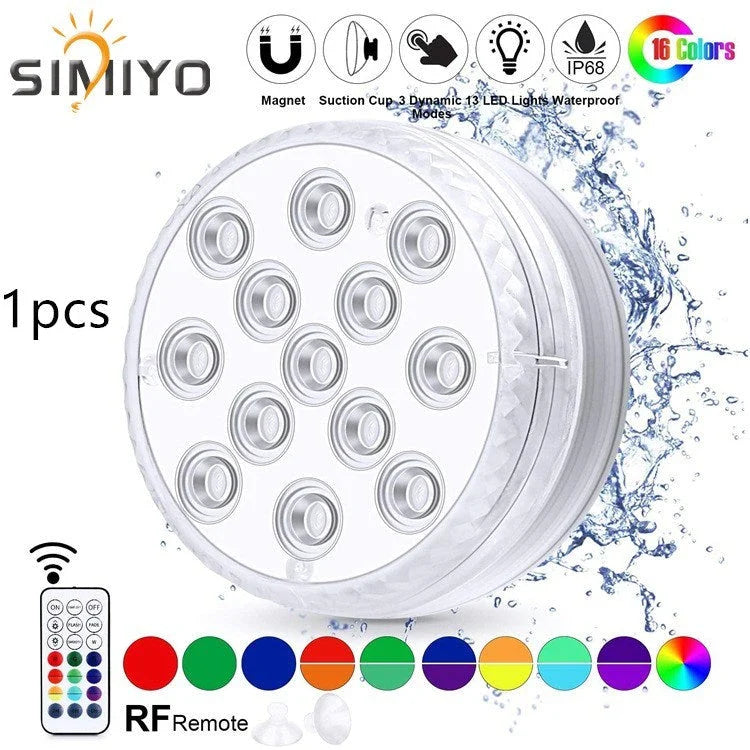 Radiant Underwater LED Lights in various aquatic settings, including pools, fountains, and spas