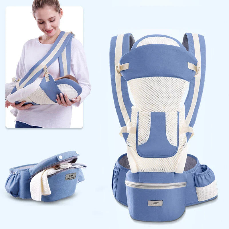 3-in-1 ergonomic baby carrier with multiple carry options, including front-facing and hip-hugging, designed for newborns to toddlers