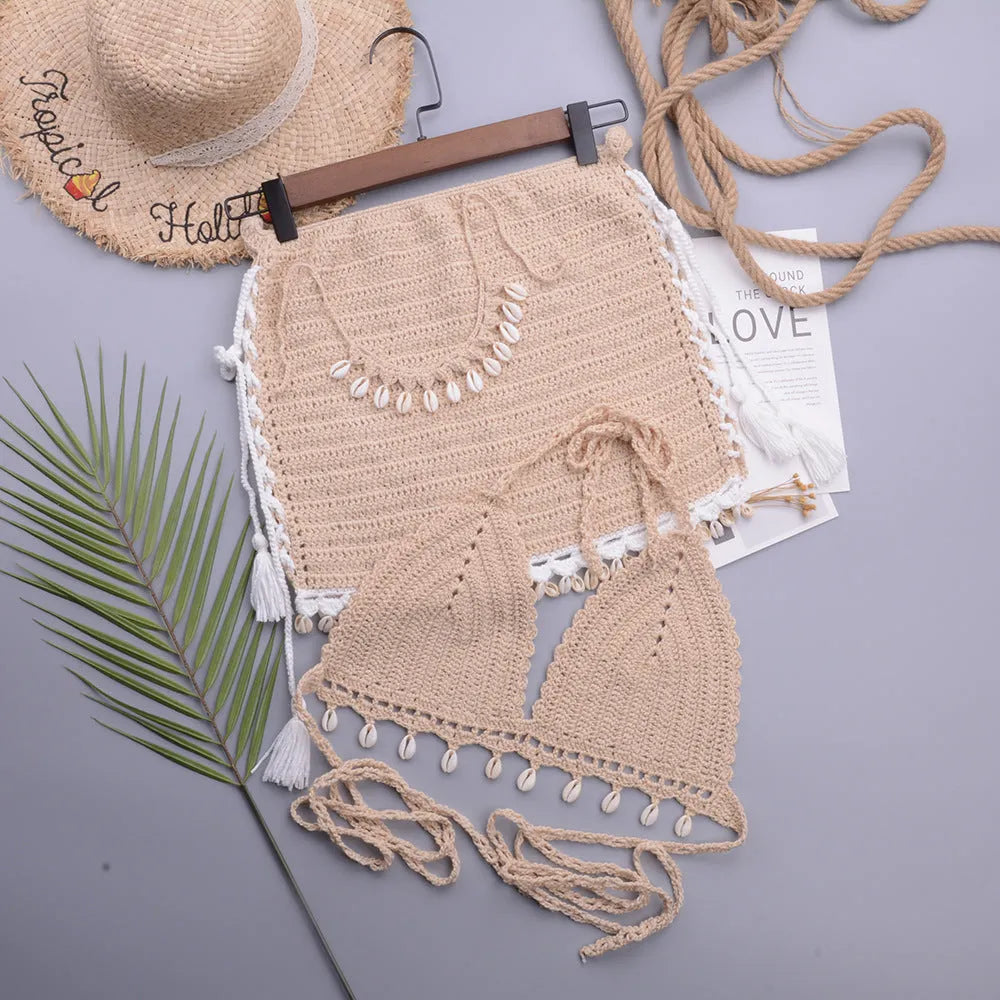 Women's handmade shell bikini swimsuit with lace-up design in apricot colour