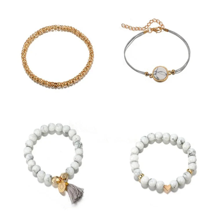 A four-piece geometric pine stone bracelet set made of alloy with an electroplated finish and resin stones, offering a sleek and versatile fashion accessory.