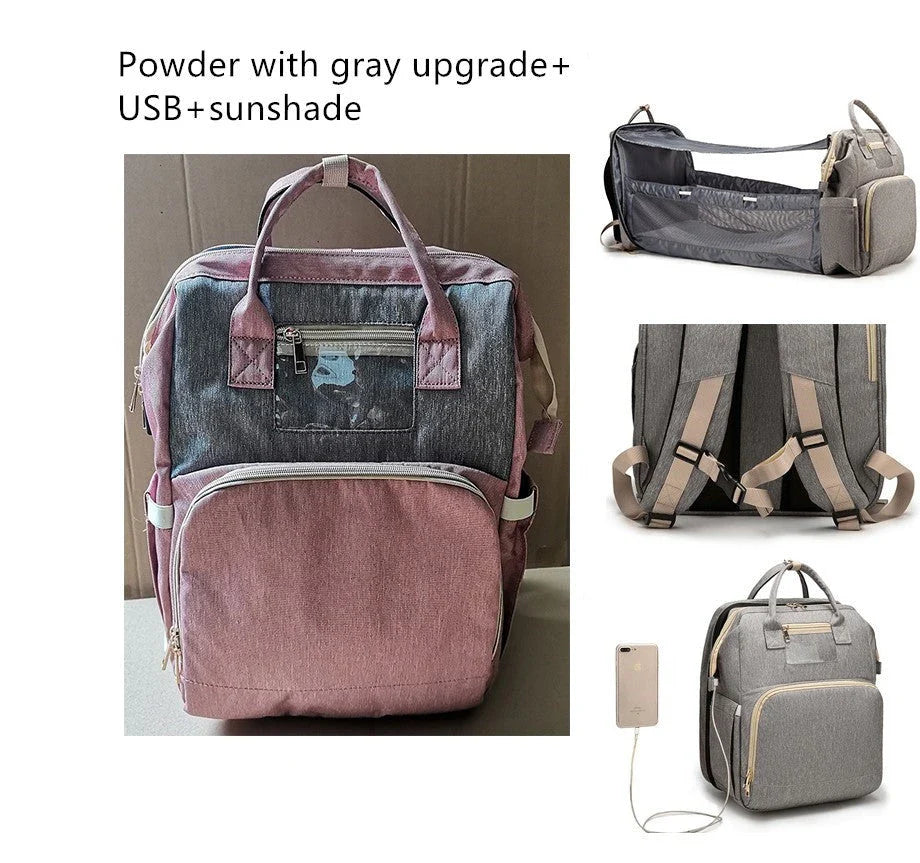 Versatile baby changing backpack with USB charging port and folding portable bed