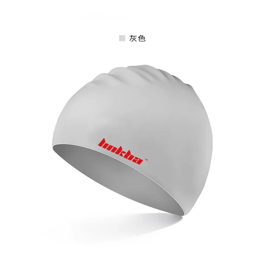 Coloured silicone adult swimming cap with letter pattern and built-in earmuff design.