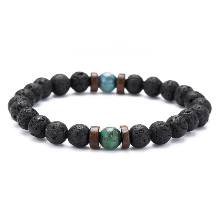Stylish men's bracelet made with natural volcanic stone, flash stone, and wood chip in a geometric, mosaic-like design