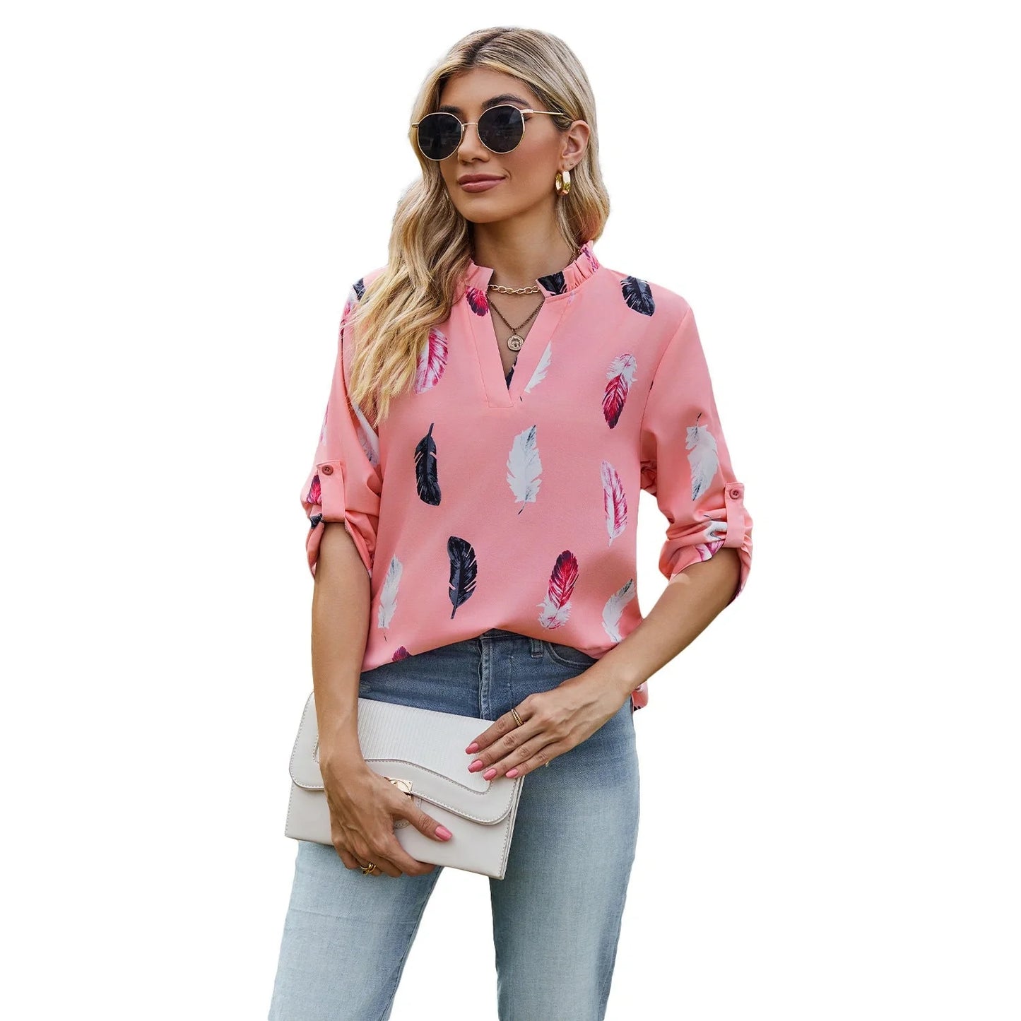 Stylish feather-printed pullover blouse in a variety of colors and sizes