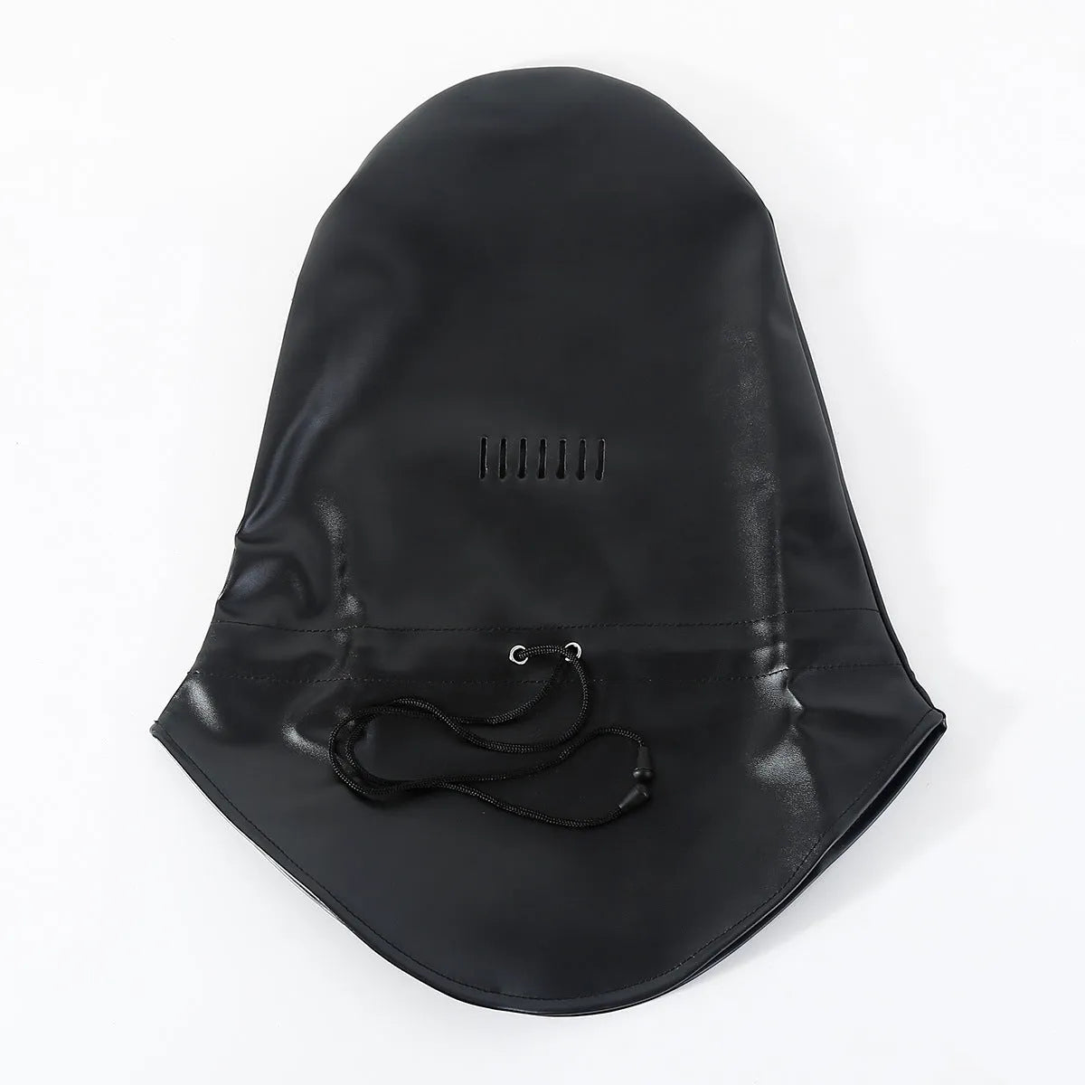 Black leather BDSM mask with lace front panel and adjustable head harness straps