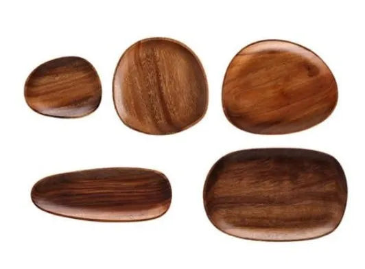 Acacia wood Japanese snack platter with hand-polished finish and natural wood grain