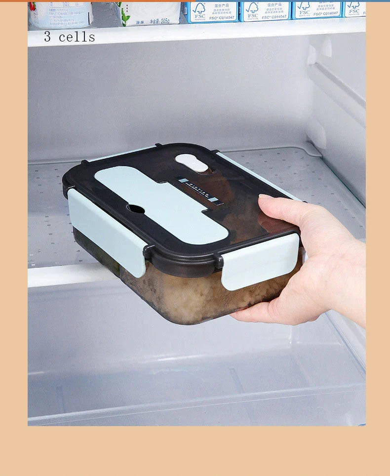 Versatile bento-style lunch box with multi-compartment design, flexible locking system, and included utensils for on-the-go meals